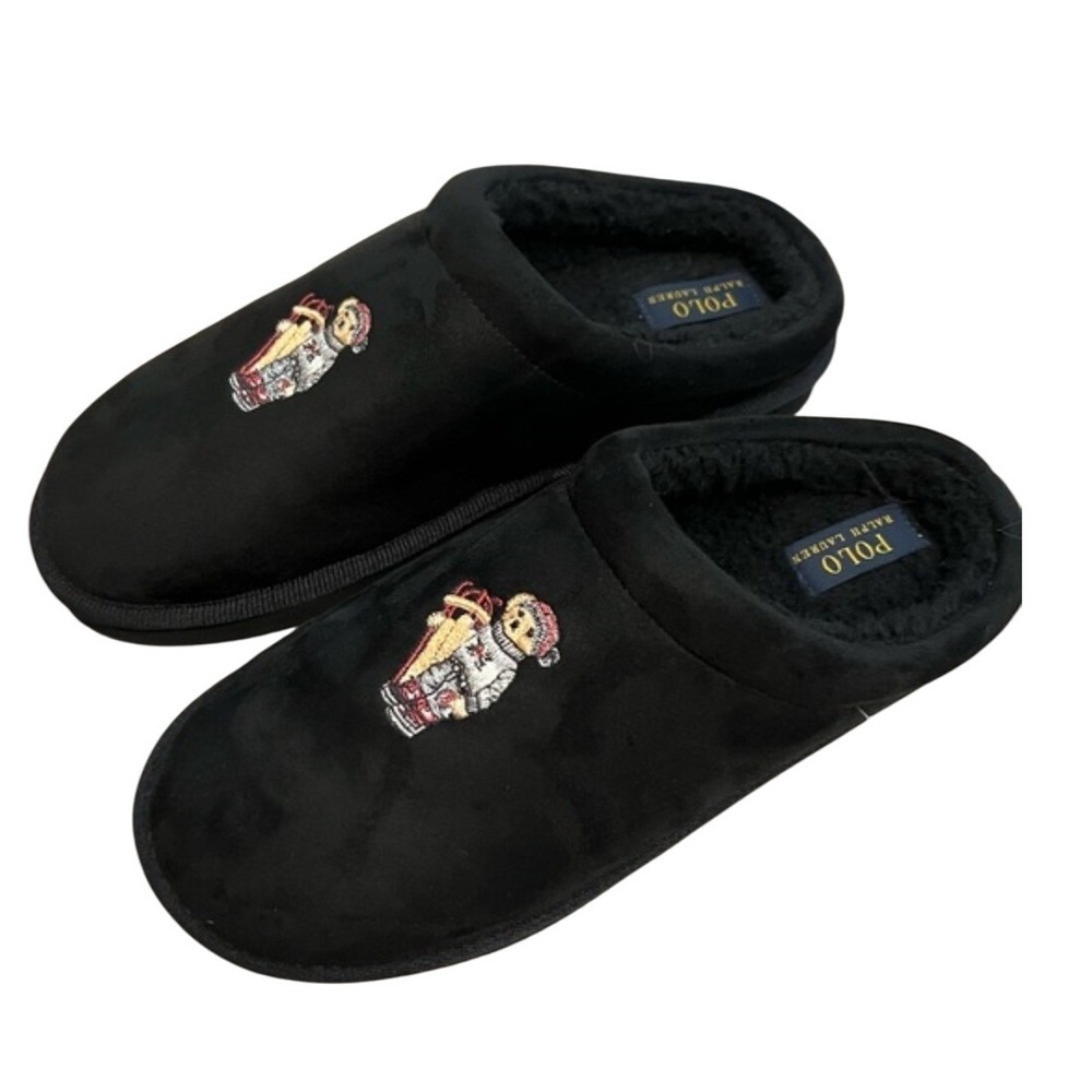 Polo Ralph Lauren Black Fleece‎ Lined Slippers Embroidered Bear Logo Size 9 NWT